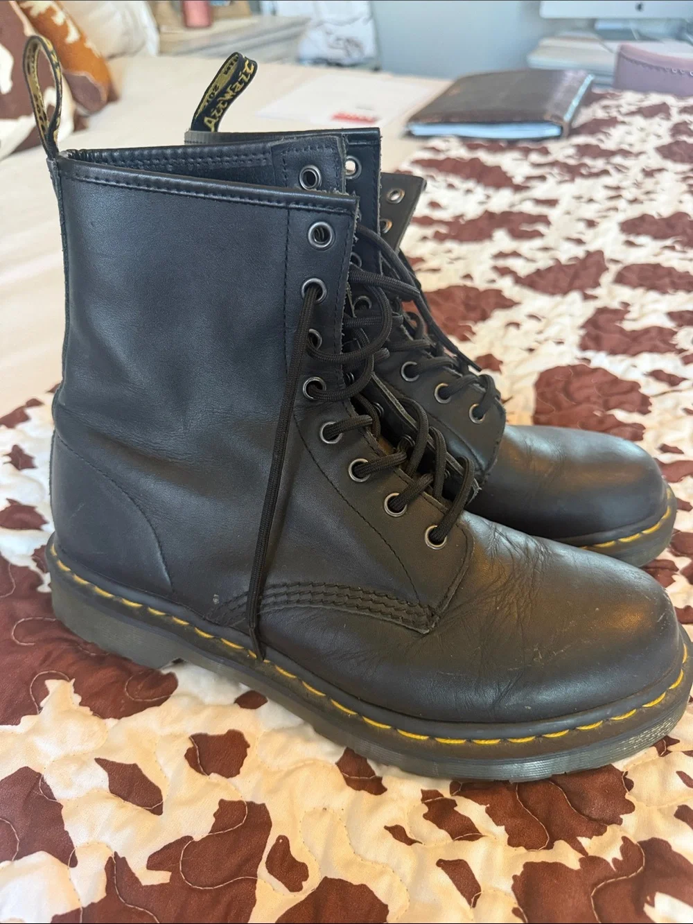 Women’s Dr. Martens Black Leather Lace-Up Boots with Yellow Stitching